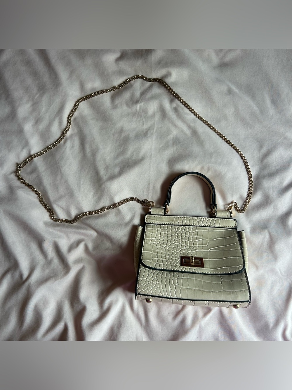 Ivory Crocodile-Embossed Top Handle Bag